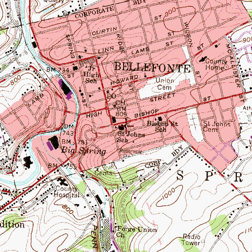 Topographic Map of Saint Johns School, PA