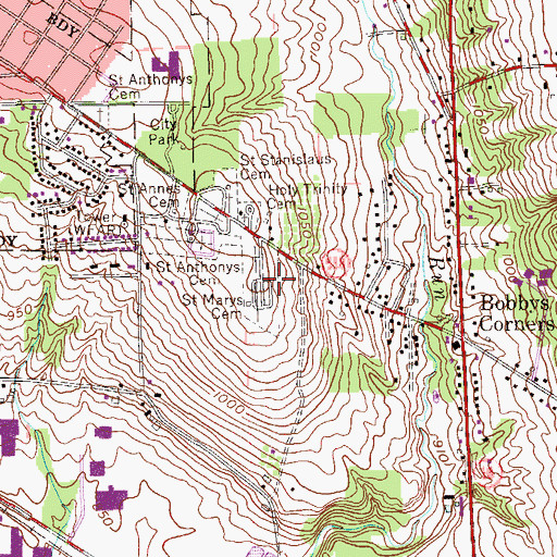 Topographic Map of Saint Marys Cemetery, PA