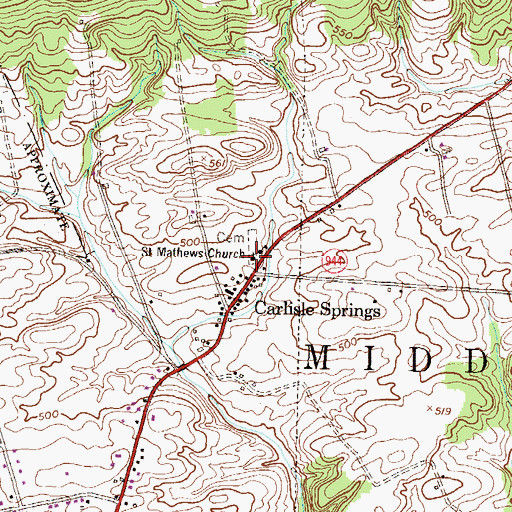 Topographic Map of Saint Mathews Church, PA