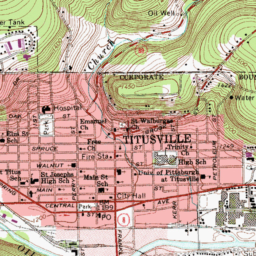 Topographic Map of Saint Walburgas Church, PA