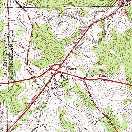 Topographic Map of Sardis, PA