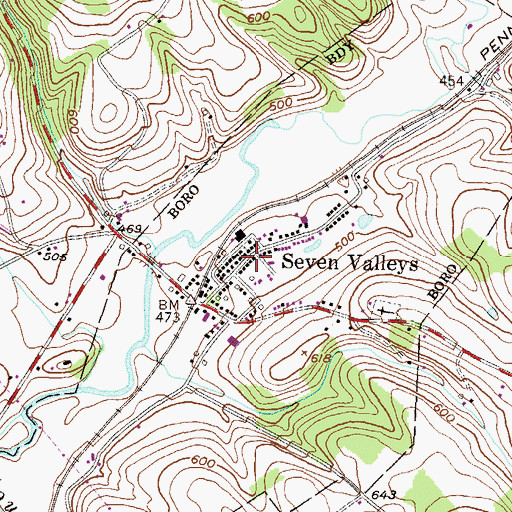 Topographic Map of Seven Valleys, PA