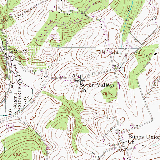Topographic Map of Seven Valleys Church, PA