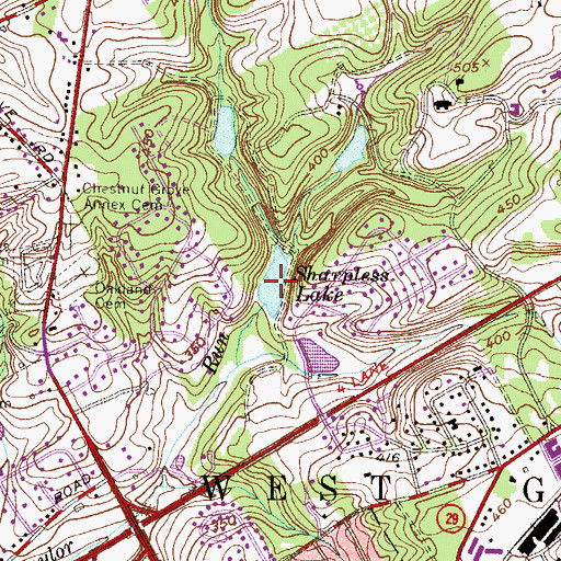 Topographic Map of Sharpless Lake, PA