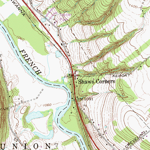 Topographic Map of Shaws Corners, PA