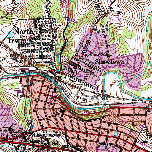 Topographic Map of Shawtown, PA