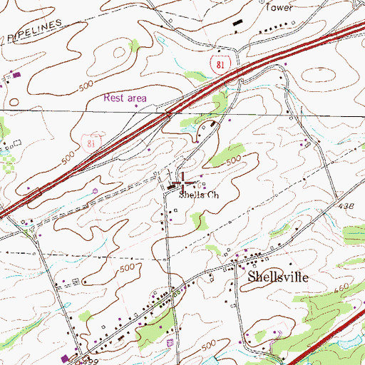 Topographic Map of Shells Church, PA