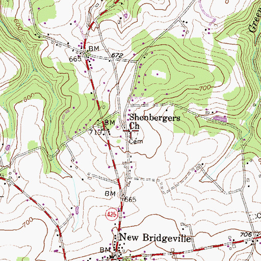 Topographic Map of Shenbergers Church, PA