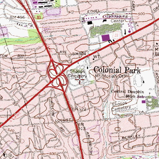 Topographic Map of Shoops Cemetery, PA