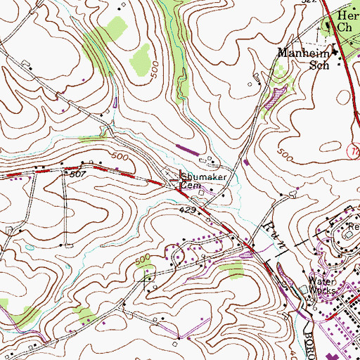 Topographic Map of Shumaker Cemetery, PA