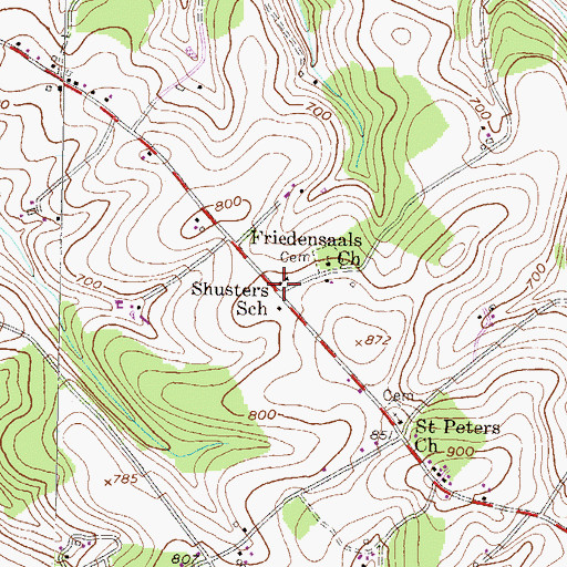 Topographic Map of Shusters School, PA