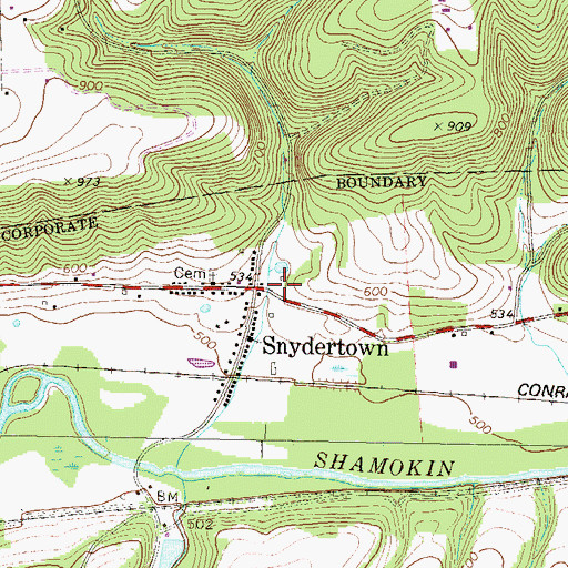 Topographic Map of Snydertown, PA