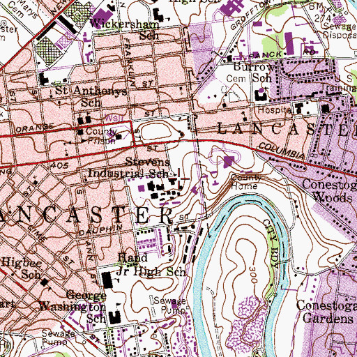 Topographic Map of Stevens Industrial School, PA