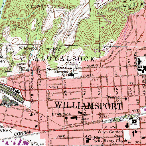 Topographic Map of Stevens School, PA