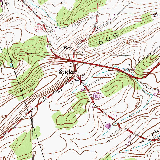 Topographic Map of Sticks, PA