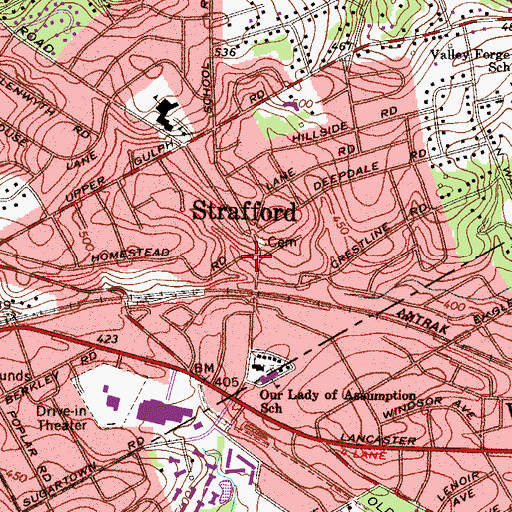 Topographic Map of Strafford, PA