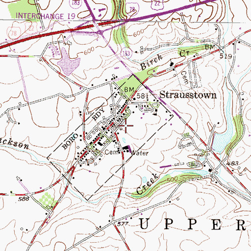 Topographic Map of Strausstown, PA