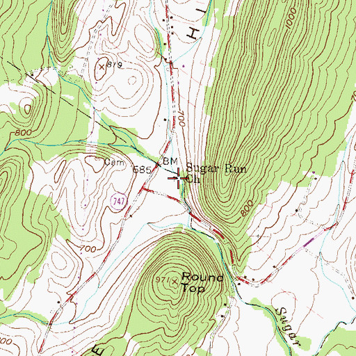 Topographic Map of Sugar Run Church, PA