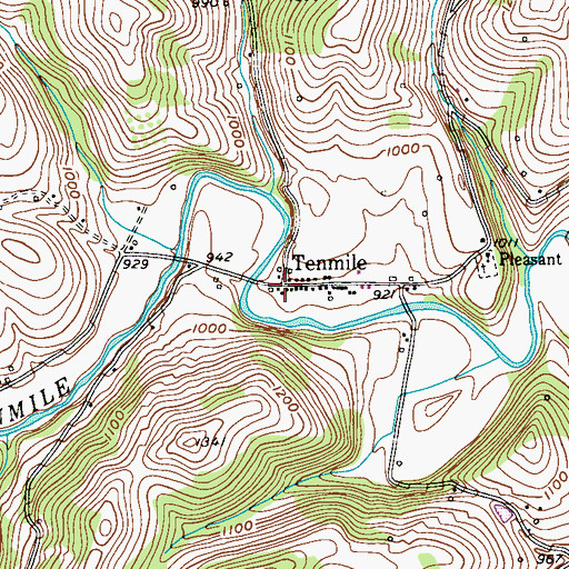 Topographic Map of Ten Mile, PA