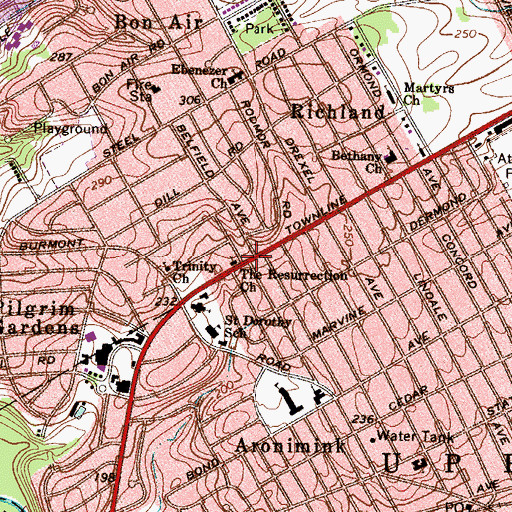 Topographic Map of The Resurrection Church, PA