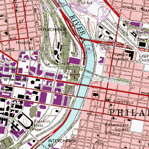 Topographic Map of Thirtieth Street Station, PA