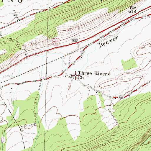 Topographic Map of Three Rivers Church, PA