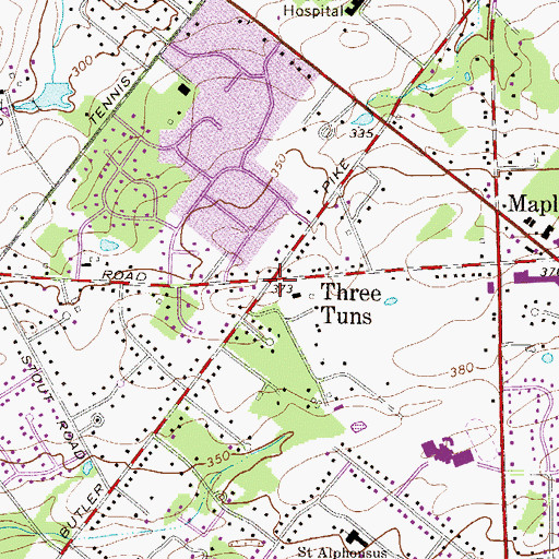 Topographic Map of Three Tuns, PA