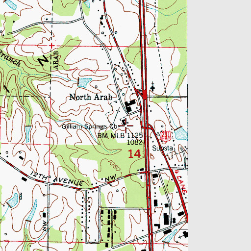 Topographic Map of Gilliam Springs Baptist Church, AL