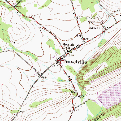 Topographic Map of Troxelville, PA