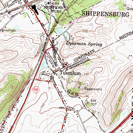 Topographic Map of Tusculum, PA