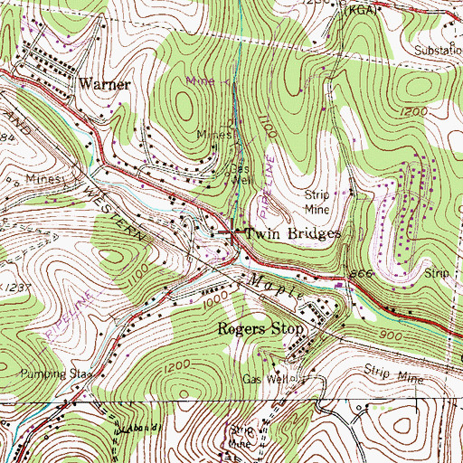 Topographic Map of Twin Bridges, PA