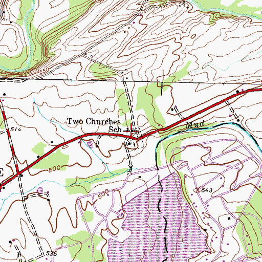 Topographic Map of Two Churches School, PA