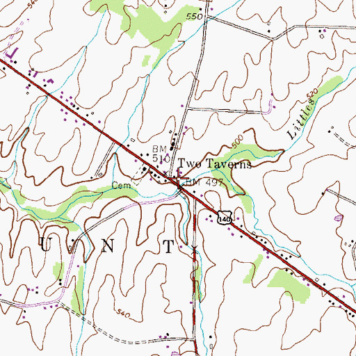 Topographic Map of Two Taverns, PA