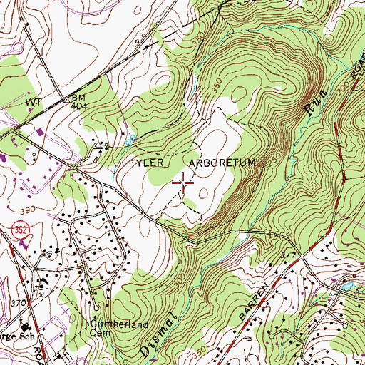Topographic Map of Tyler Arboretum, PA