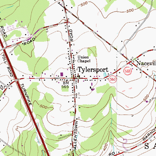 Topographic Map of Tylersport, PA
