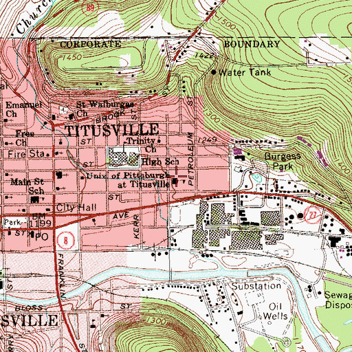 Topographic Map of University of Pittsburgh at Titusville, PA
