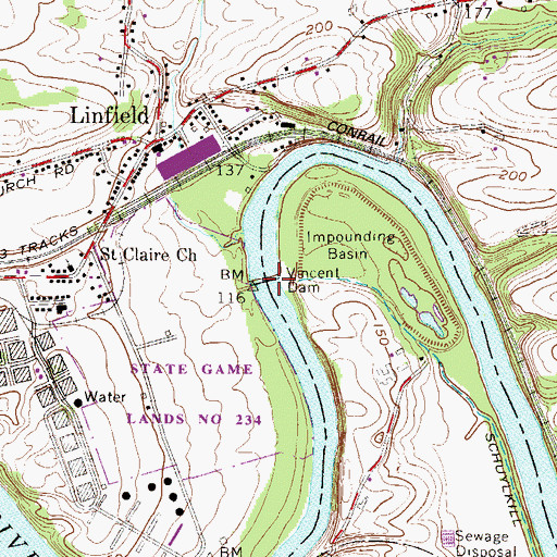 Topographic Map of Vincent Dam, PA