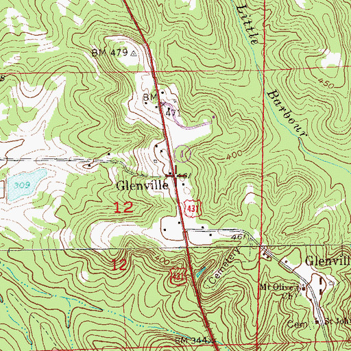 Topographic Map of Glenville, AL