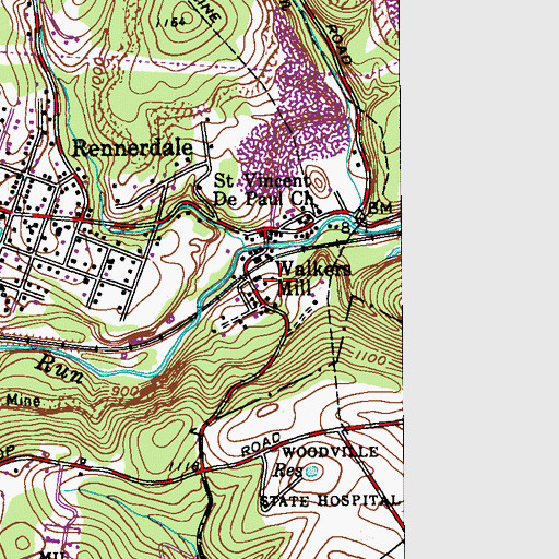 Topographic Map of Walkers Mill, PA