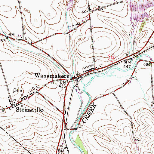 Topographic Map of Wanamakers, PA