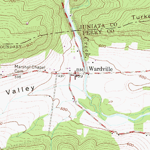 Topographic Map of Wardville, PA