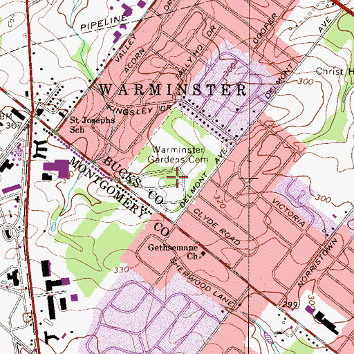 Topographic Map of Warminster Gardens Cemetery, PA