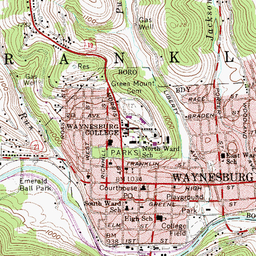 Topographic Map of Waynesburg College, PA