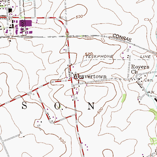 Topographic Map of Weavertown, PA