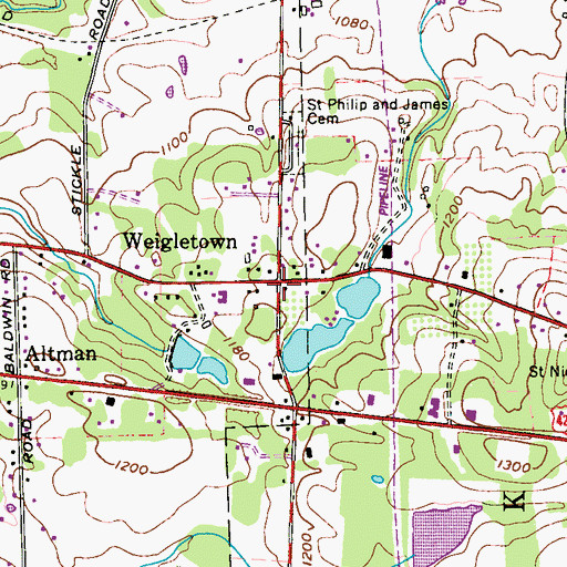 Topographic Map of Weigletown, PA
