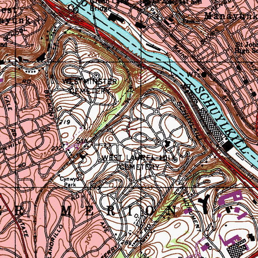 Topographic Map of West Laurel Hill Cemetery, PA