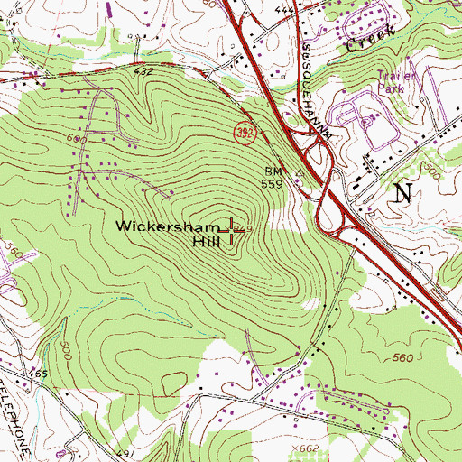 Topographic Map of Wickersham Hill, PA
