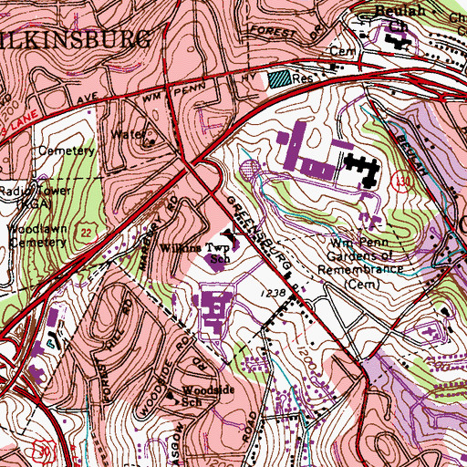 Topographic Map of Wilkins Township School, PA