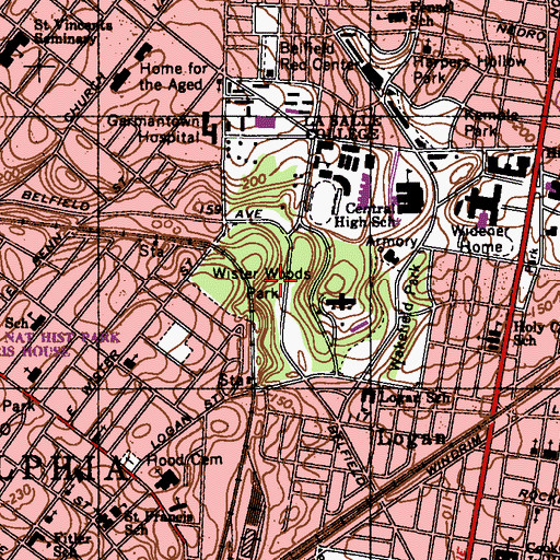 Topographic Map of Wister Woods Park, PA