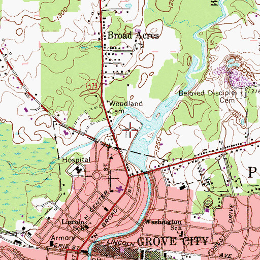 Topographic Map of Woodland Cemetery, PA
